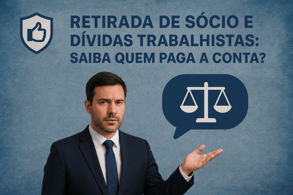 Empresário saindo de sala de reunião representando a responsabilidade trabalhista do sócio retirante, com ícone de balança da justiça ao fundo.

