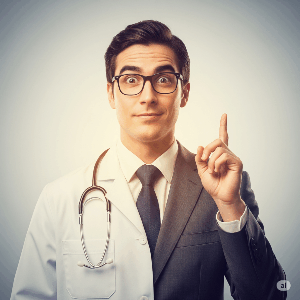 Híbrido de médico e empresário com uma expressão de surpresa positiva, simbolizando a descoberta de um planejamento tributário vantajoso para clínicas médicas.
