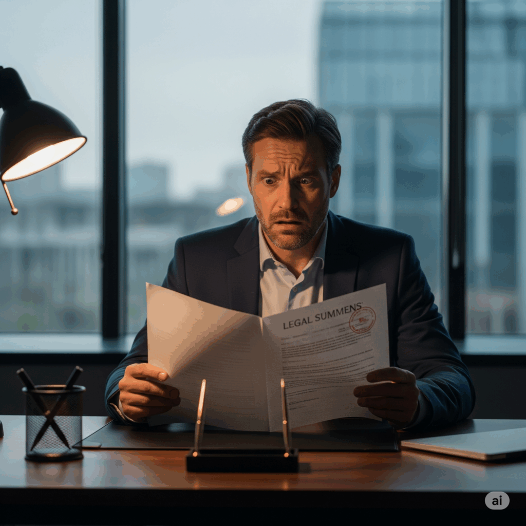Um empresário, com expressão de preocupação e choque, segura uma intimação judicial em seu escritório, representando a responsabilidade do sócio por dívidas tributárias