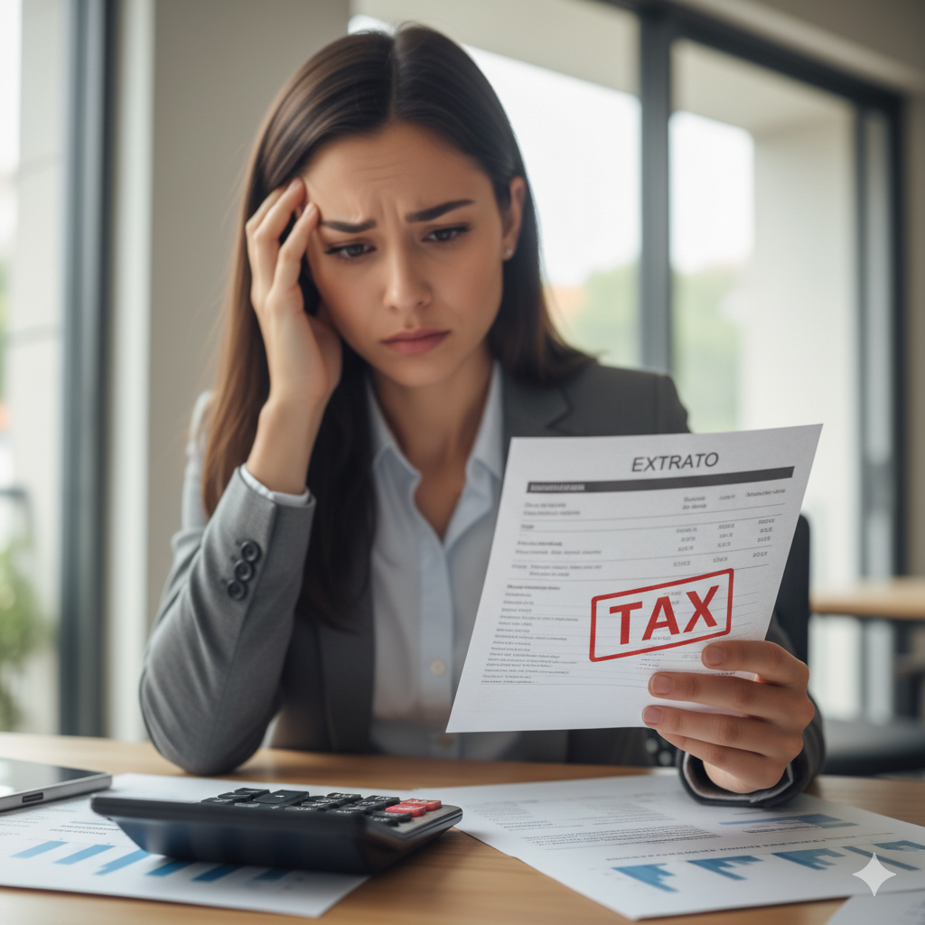 Mulher decepcionada analisando extrato financeiro com calculadora ao lado, representando a frustração com o valor de Imposto de Renda retido