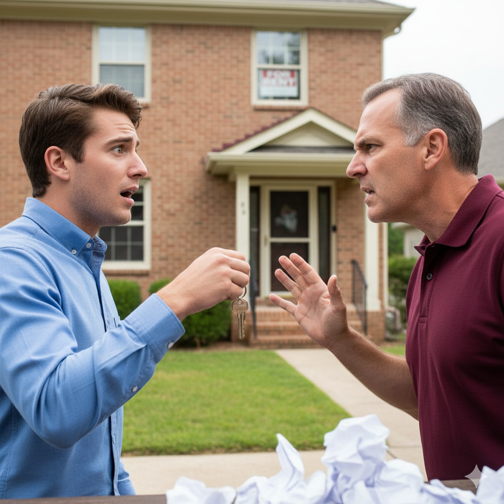 Locatário com chaves estendidas, olhando para locador que recusa com raiva, ilustrando a recusa de chaves e a necessidade de uma Ação de Consignação de Chaves