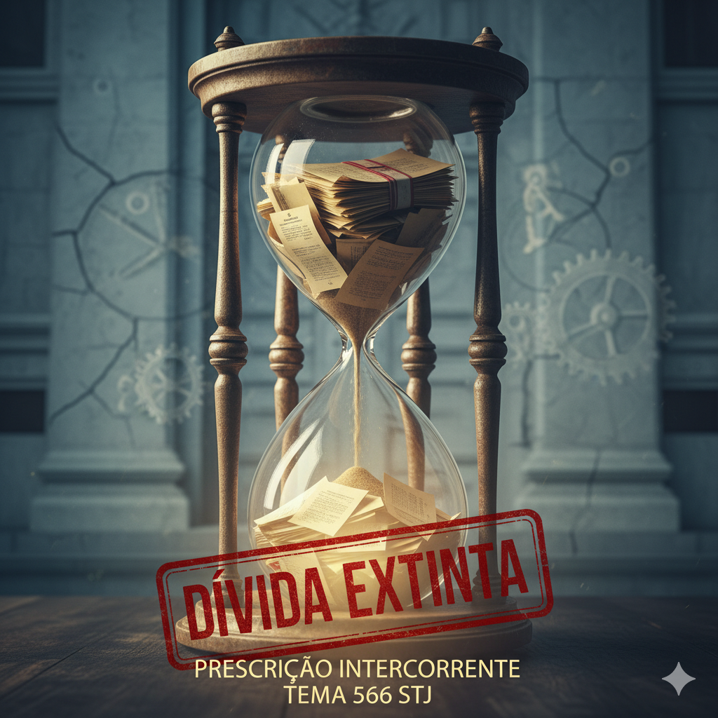 Ampulheta com documentos judiciais e carimbo 'DÍVIDA EXTINTA', simbolizando a prescrição intercorrente em execução fiscal conforme o Tema 566 do STJ