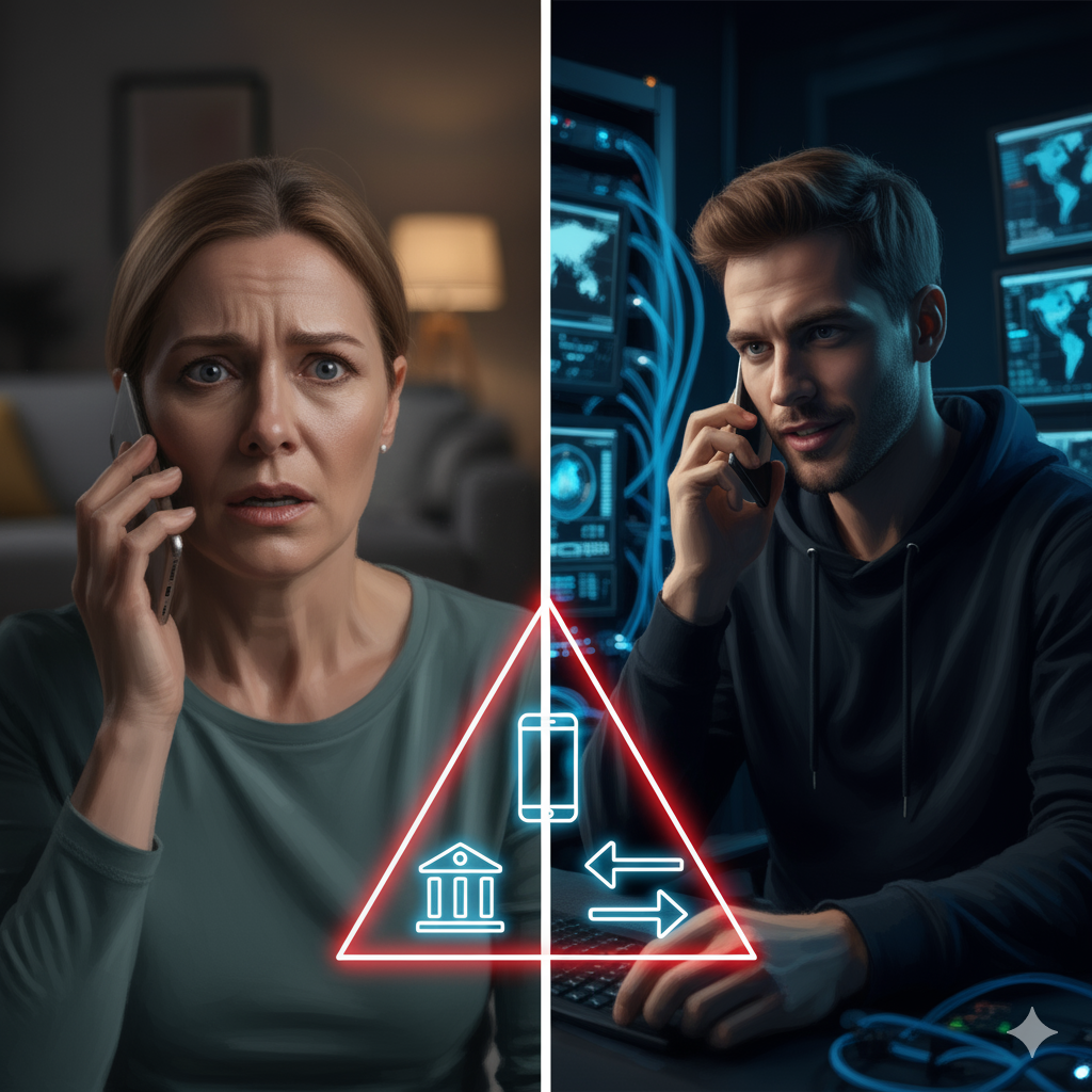 Quadro dividido mostrando um consumidor aflito ao telefone e um golpista com sorriso cínico em um ambiente de tecnologia, ilustrando o golpe da falsa central. A imagem destaca a transferência de dados e dinheiro."
