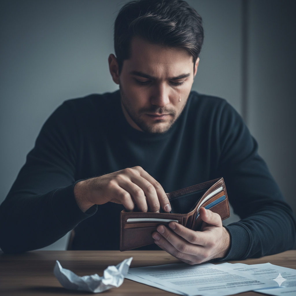 Homem jovem e com coração partido, segurando uma carteira vazia, simbolizando a preocupação financeira após a negação de uma Pensão por Morte Acidente.