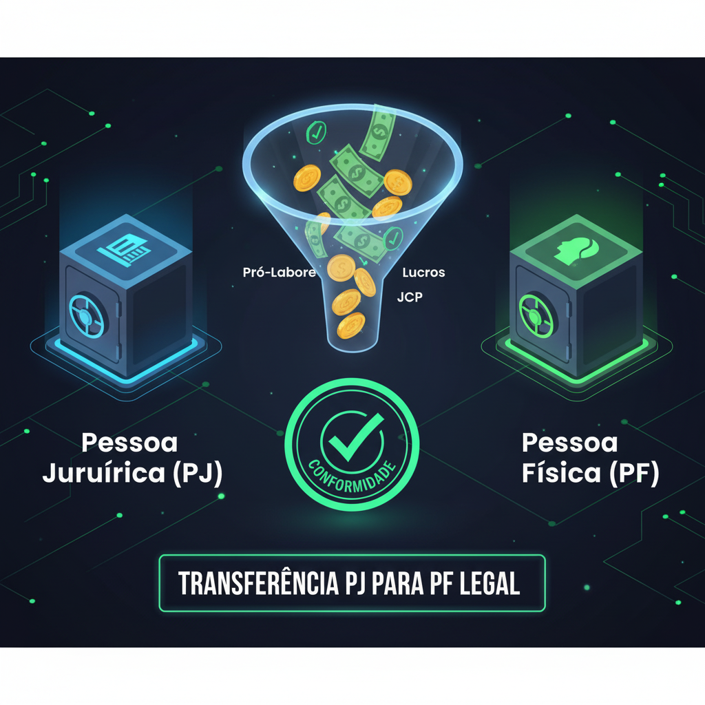 Ilustração vívida da transferência PJ para PF legal, mostrando um cofre da Pessoa Jurídica enviando dinheiro e moedas através de um funil que representa os mecanismos Pró-Labore, Lucros e JCP, culminando em um cofre da Pessoa Física. Um selo de 'Conformidade' com um 'check' verde centraliza o processo.