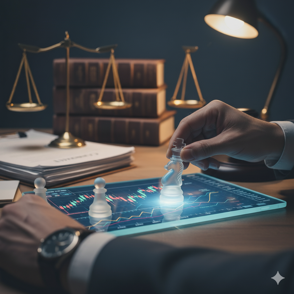 Mãos executivas sobre gráfico de Opções de Ações, com jogo de xadrez e símbolos da justiça. Imagem ilustra a Natureza Mercantil e estratégia jurídica."