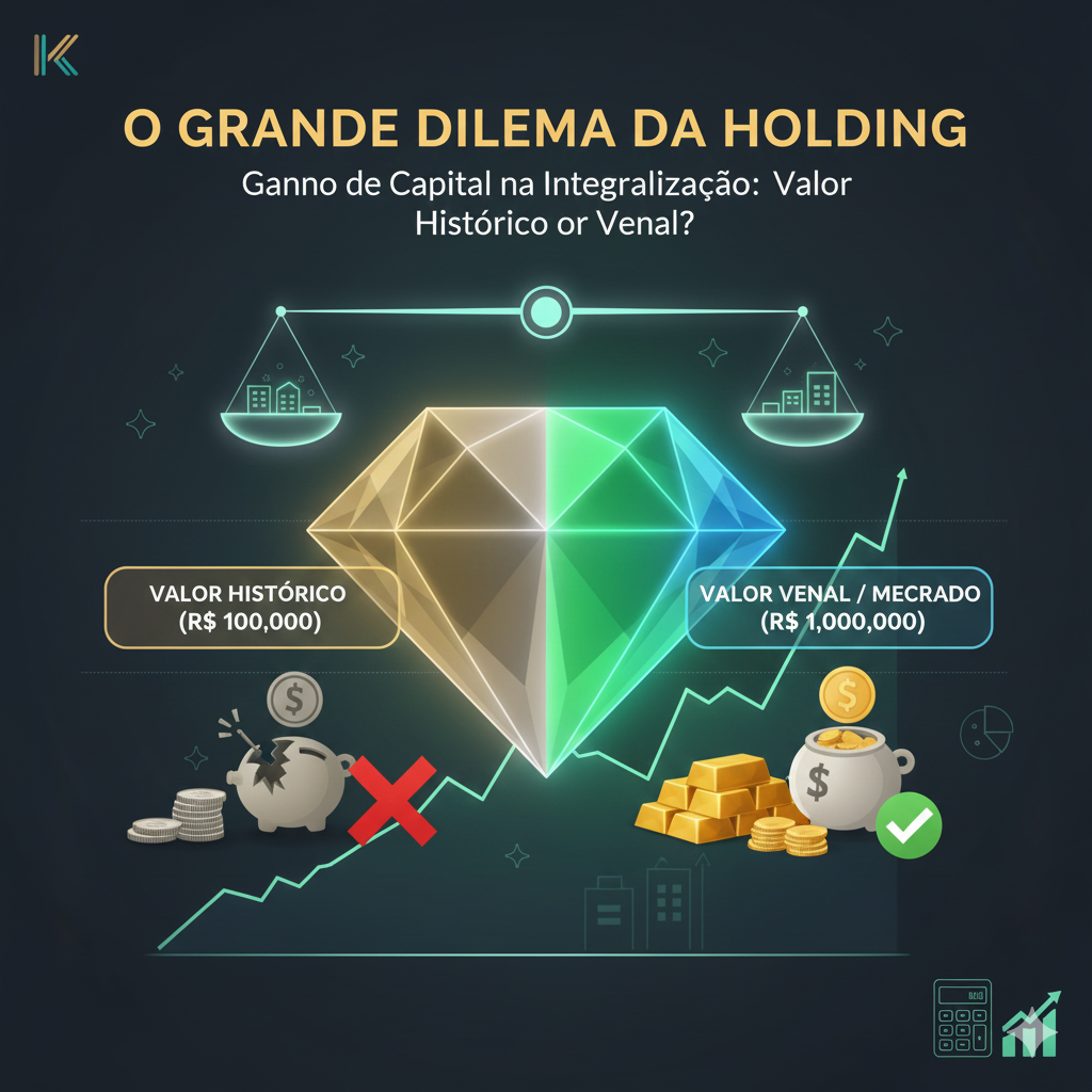 Ilustração do dilema do Ganho de Capital na Integralização, comparando Valor Histórico e Valor Venal/Mercado com seus impactos financeiros em uma holding