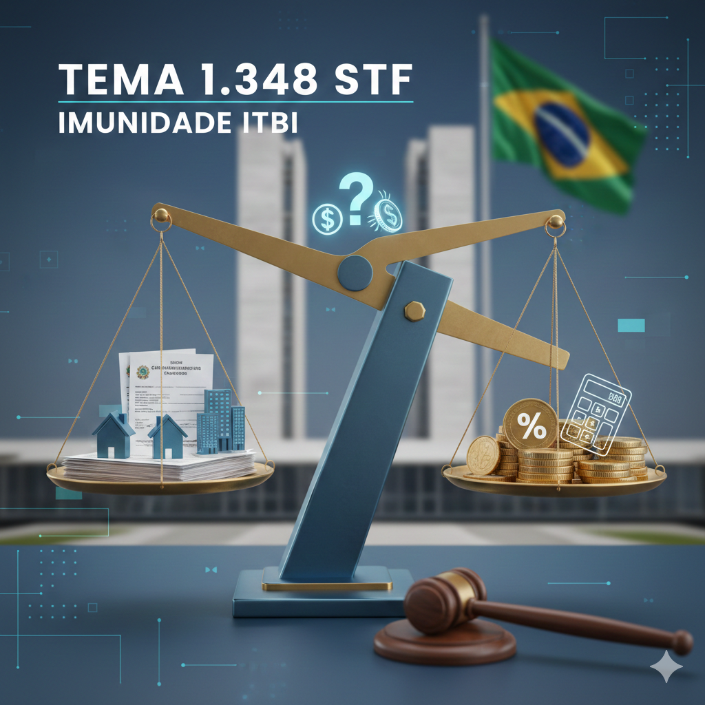 Infográfico: Balança da justiça com imóveis e documentos de um lado, e moedas e calculadora do outro, ilustrando o debate sobre a Imunidade ITBI na integralização de capital em Holdings no STF (Tema 1.348).
