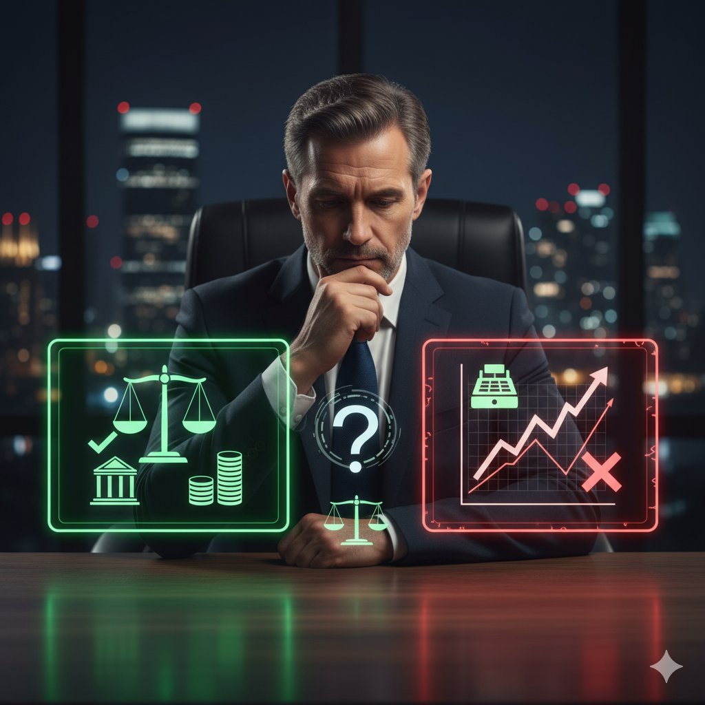 Advogado ou contador com expressão pensativa/perplexa, analisando um balanço financeiro com ativos e passivos, onde há valores definidos e pontos de interrogação vermelhos, simbolizando incerteza na apuração de haveres